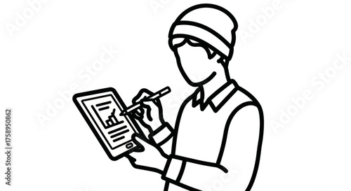Man in beanie using stylus on tablet to view data graph line art.