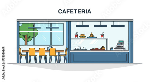 Modern Cafeteria Building Exterior Illustration with Dining Area and Serving Counter.