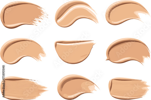 Foundation and Concealer Swatch Set Featuring Nine Brushstroke Samples in Beige and Tan Tones for Cosmetic Product Display, Texture Comparison, and Beauty Design
