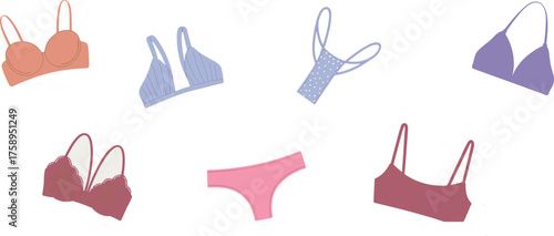 Lingerie collection vector illustration, women’s bra and panties set, fashion flat drawing, trendy underwear design, colorful intimate apparel template