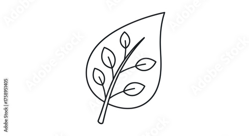 Minimalist black and white line art illustration of a single leaf with internal branch and smaller leaves.