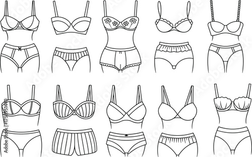 Lingerie set fashion flat sketch, underwear design collection, bra and panty vector template, cad drawing, women clothing flat vector illustration