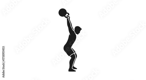 Silhouette of a man lifting a kettlebell overhead in a squat position.