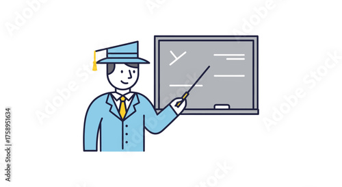 Cartoon Teacher Pointing at Blackboard with Pointer Stick.