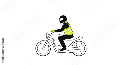 Illustration of a motorcyclist wearing a black helmet and a bright yellow high-visibility safety vest.