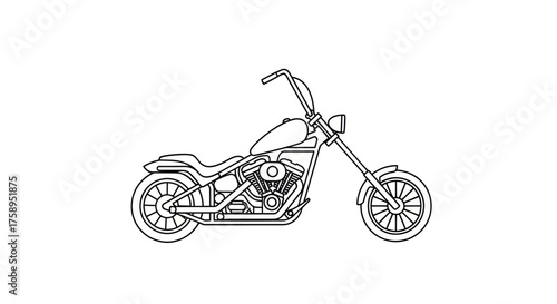 Detailed Line Art Illustration of a Classic Chopper Motorcycle.