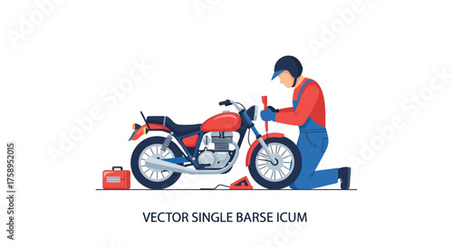 Mechanic Repairing Classic Red Motorcycle with Tools.