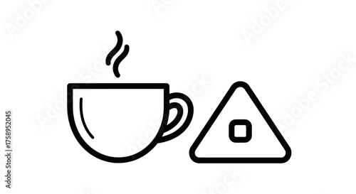 Steaming Coffee Cup and Triangular Food Item Icon.