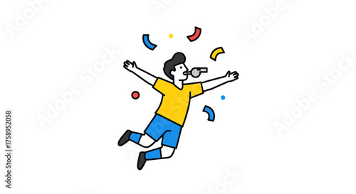 Joyful Soccer Player Celebrating Victory with Whistle and Confetti.