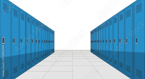 Rows of Blue Metal Lockers in a School Corridor.
