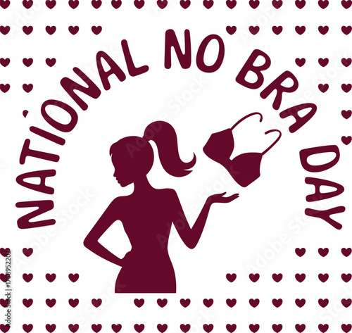 National No Bra Day vector illustration, awareness campaign design, silhouette holding bra, heart border, breast health support, CAD drawing, flat graphic template