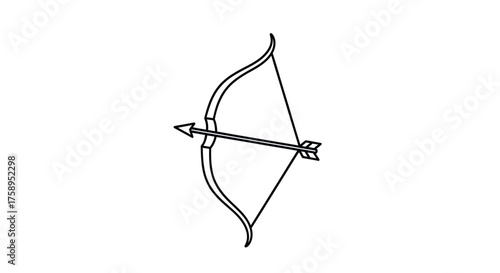 Black Outline Drawing of a Traditional Archery Bow and Arrow.