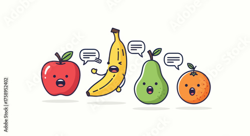 Cartoon Fruits with Speech Bubbles: Apple Banana Pear and Orange Characters.