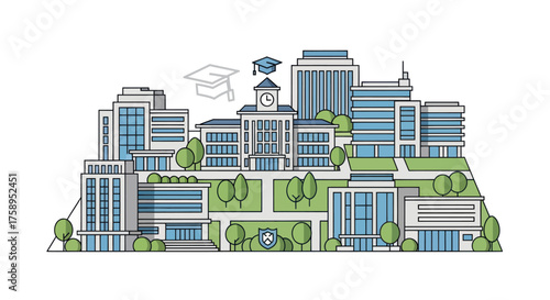 University Campus Skyline with Graduation Cap Buildings and Green Spaces.