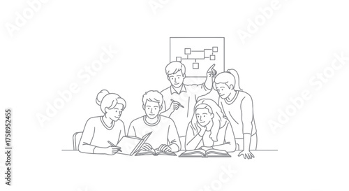Line art illustration of students studying and collaborating.