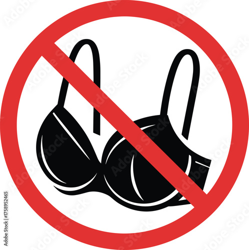 No bra symbol vector illustration, prohibition sign with lingerie silhouette, fashion restriction icon, black and red graphic, CAD drawing, flat design template