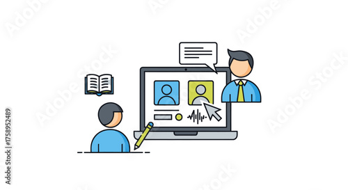 Vector illustration of an online class with a student teacher and laptop for e-learning and virtual communication.