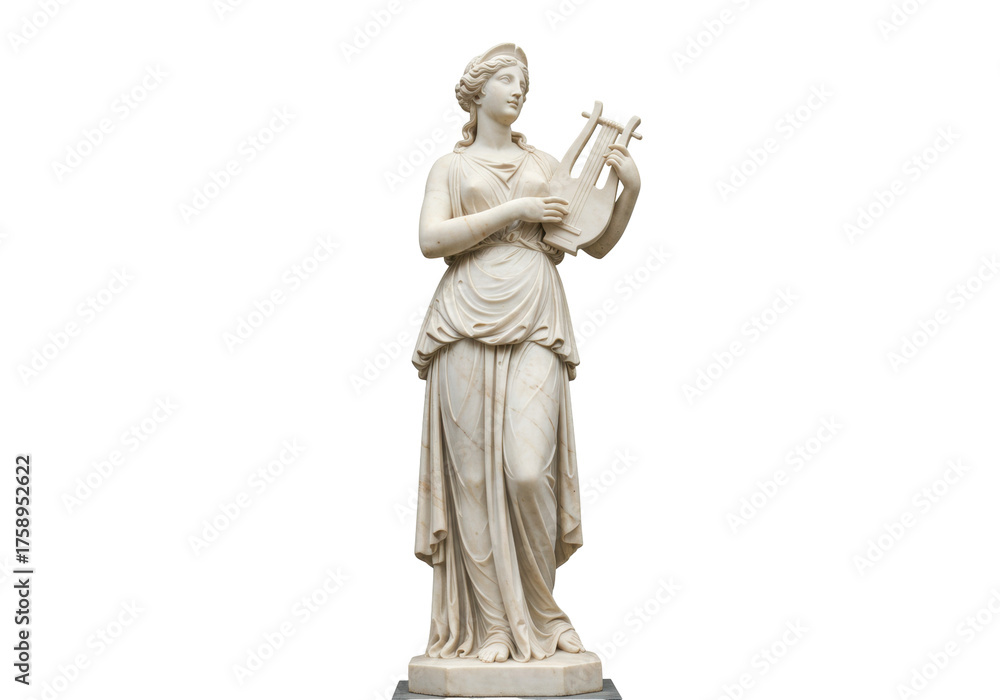 Obraz premium Marble statue of a woman playing a lyre isolated PNG, ancient Greek sculpture on transparent background, art and history