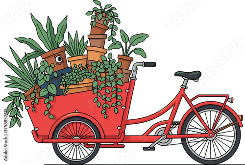 Red cargo bicycle loaded with potted houseplants and greenery, eco urban transport concept, sustainable gardening delivery illustration, environmental lifestyle cartoon artwork