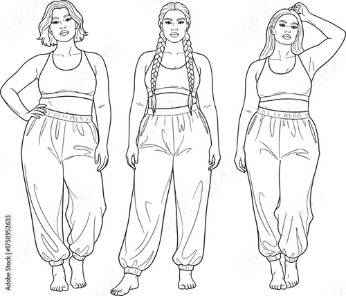 Plus size women fashion vector illustration wearing joggers and crop tops, body positivity fashion template, diverse female figure drawing outline