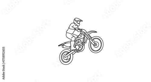 Line art illustration of a motocross rider performing a wheelie on a dirt bike.
