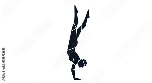 Silhouette of a gymnast performing a handstand with geometric accents.
