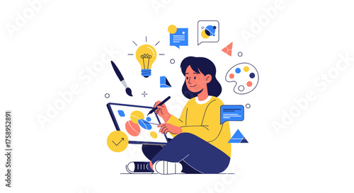 Creative designer working on a digital tablet with art supplies and ideas.