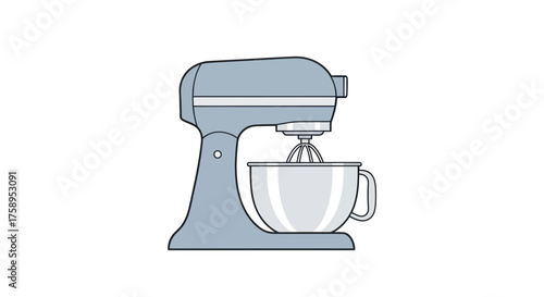 Stand Mixer Illustration: Blue Kitchen Appliance with Stainless Steel Bowl and Whisk Attachment.