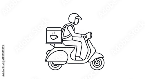 Line Art Delivery Person on Scooter with Coffee Box.