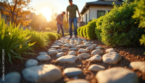 Two men work on landscaping in yard. Workers lay stone path in garden on sunlight. Landscapers design outdoor space with rocks and green bushes at house. Home improvement.