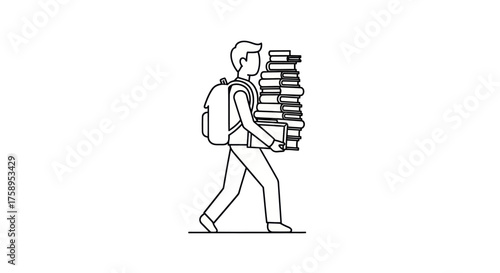 Student Carrying Heavy Stack of Books and Backpack.