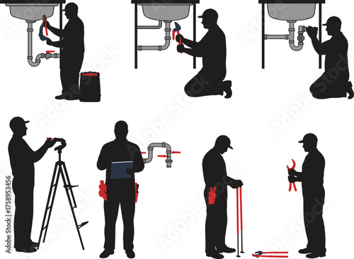 Silhouette vector illustration of plumbers fixing pipes, repairing sinks, using tools, doing maintenance work, plumbing service, water system installation and construction concept