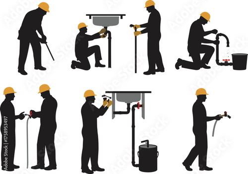 Silhouette vector illustration of plumbers working with pipes, fixing sinks, using tools, wearing helmets, plumbing repair service, maintenance, construction, water system and installation concept