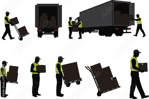 Silhouette vector of delivery workers loading and unloading boxes from truck, logistics and shipping transportation, courier service, warehouse distribution illustration