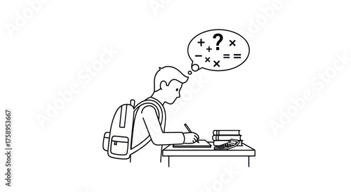 Student studying math at desk thinking about calculations with backpack.