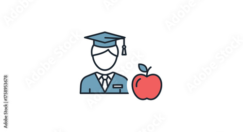 A colorful line icon of a graduate student in a cap and gown with a red apple symbolizing education and achievement.