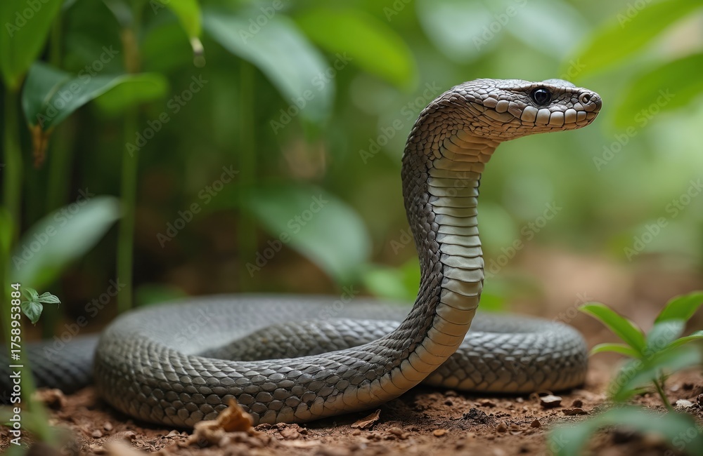 Fototapeta premium King cobra snake sits coiled on forest ground. Head raised high among green jungle plants. Powerful wild reptile looks alert, watching natural habitat carefully. Dangerous scales glint in sunlight,