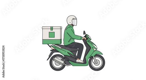 Delivery Person Riding a Green Scooter with a Cargo Box.