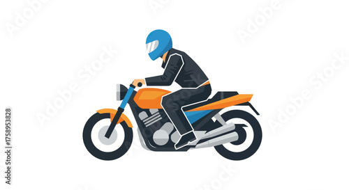 Motorcyclist riding classic orange motorcycle with blue helmet and black suit.