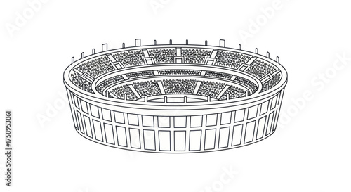 Detailed Line Drawing of a Circular Arena with Tiered Seating.