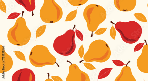 A bountiful harvest of ripe pears and autumn leaves creates a vibrant pattern.