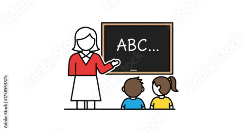 Teacher instructing young students at a blackboard with ABCs.