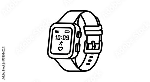 A minimalist line drawing of a modern smartwatch displaying time and fitness icons.