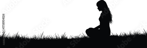 Person meditating on grass silhouette cartoon illustration, symbolic mindfulness and expressive gesture artwork for lifestyle and emotional design