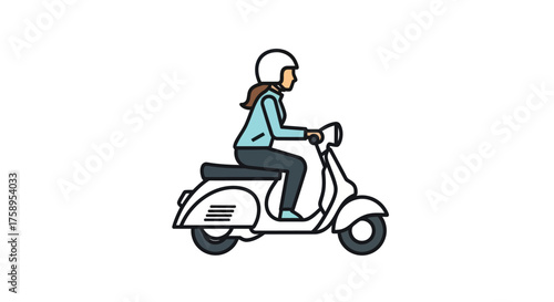 Woman riding a white retro scooter with a helmet.