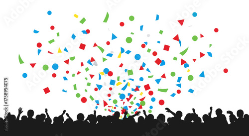 Colorful Confetti Explodes Over Cheering Crowd Silhouette.