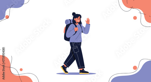 A young woman with a backpack waves goodbye as she embarks on a journey.