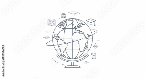 Globe Illustration with Education and Technology Icons.