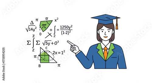 Female Graduate Pointing at Mathematical Equations and Symbols.