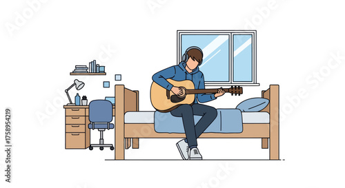 Young man playing acoustic guitar on a bed in a dorm room.